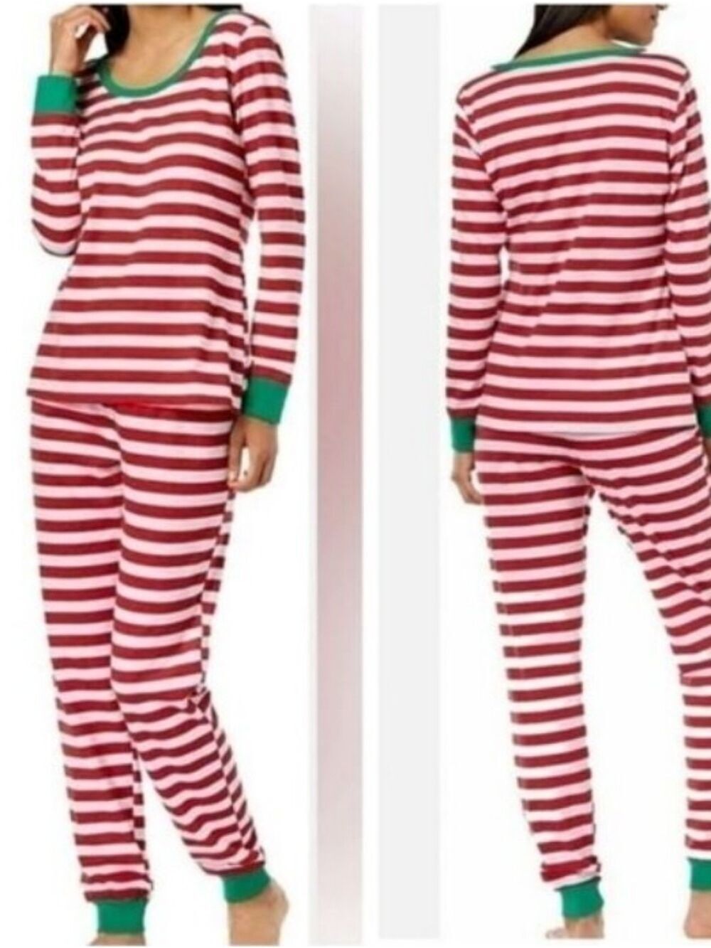 Women's Red Striped Pajama Set Long Sleeve Christmas Elf PJ's Holiday Sleepwear